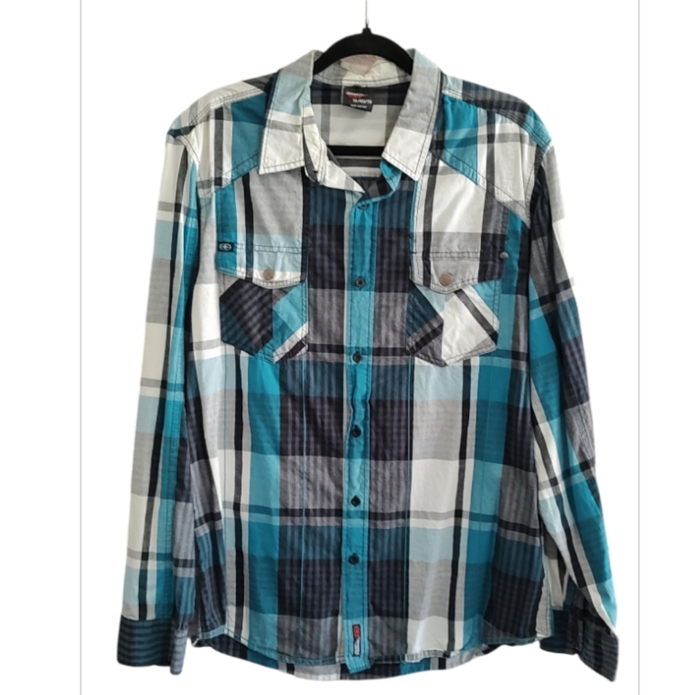 No Fear Button Down Plaid Shirt - Teal and Black Size XL